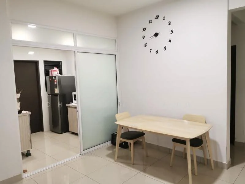 Dining features: round dining table, two wooden chairs, white painted walls, clock on wall, tile flooring, glass sliding door, open layout to kitchen, refrigerator visible in kitchen, microwave visible in kitchen; style: modern.