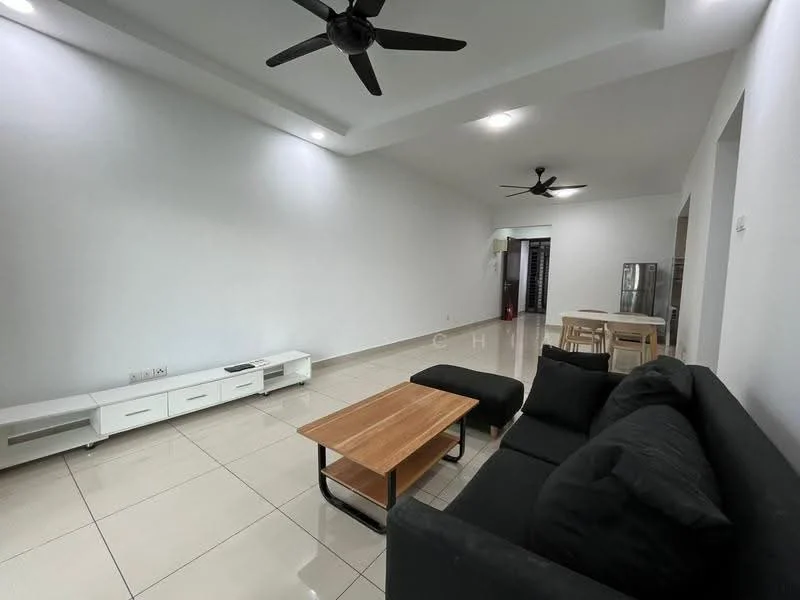 Living features: black fabric sofa, wood coffee table, white TV console, flat-screen TV, 2 ceiling fans, white painted walls, recessed ceiling lights, glossy ceramic tile flooring; style: modern.