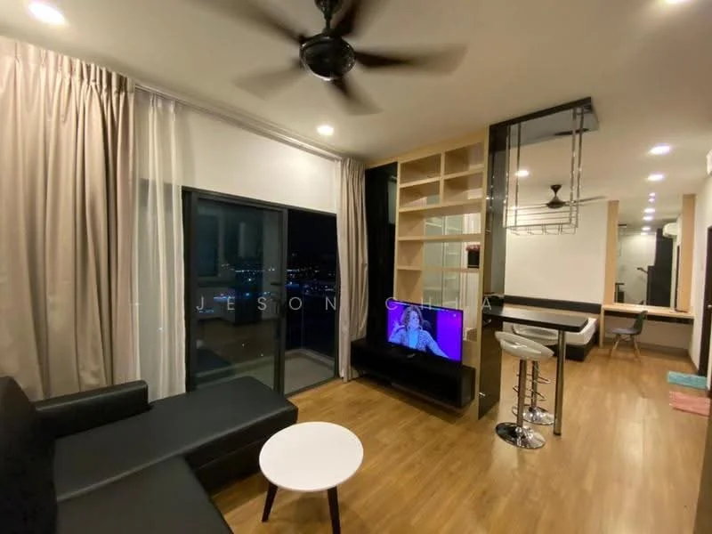 Living features: black fabric sofa, white round coffee table, wall-mounted TV, TV console in black, floor-to-ceiling windows, sheer curtains, wooden flooring, ceiling fan with light, open shelving unit, bar stools, dining table, recessed downlights; style: modern; view: city.