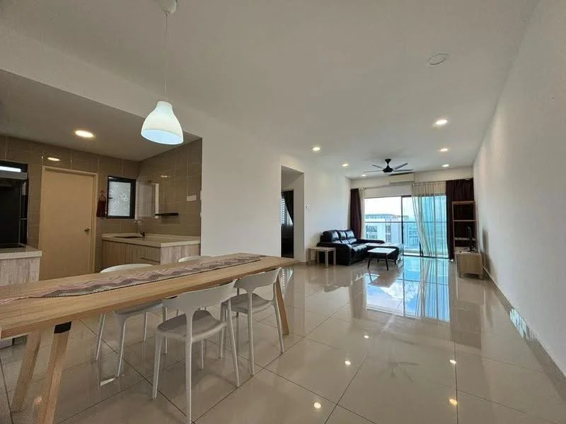 Living features: large floor-to-ceiling windows, black leather sofa, wooden coffee table, TV console, recessed downlights, white painted walls, glossy ceramic tile flooring, ceiling fan with light, curtains, dining table with wooden top, 4 white dining chairs; style: modern; view: city. Kitchen features: built-in kitchen cabinets, stainless-steel sink, countertop with backsplash, recessed lighting; style: modern.