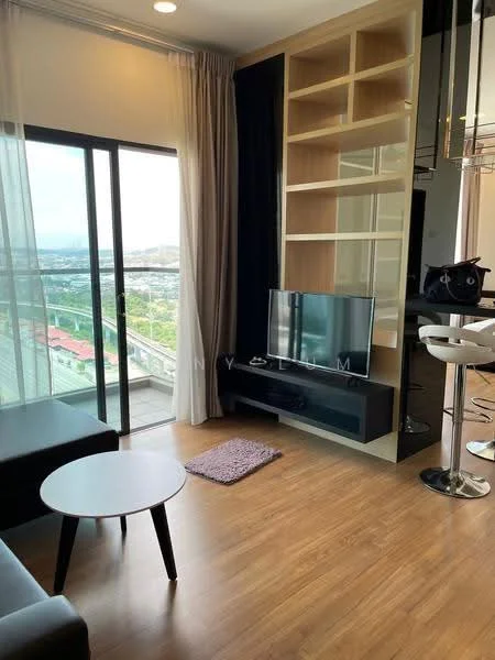 Living features: black leather sofa, round coffee table, TV console with TV, built-in shelving unit, floor-to-ceiling windows, curtains, wooden flooring, area rug, bar stools, open layout, city view; style: modern; view: city.