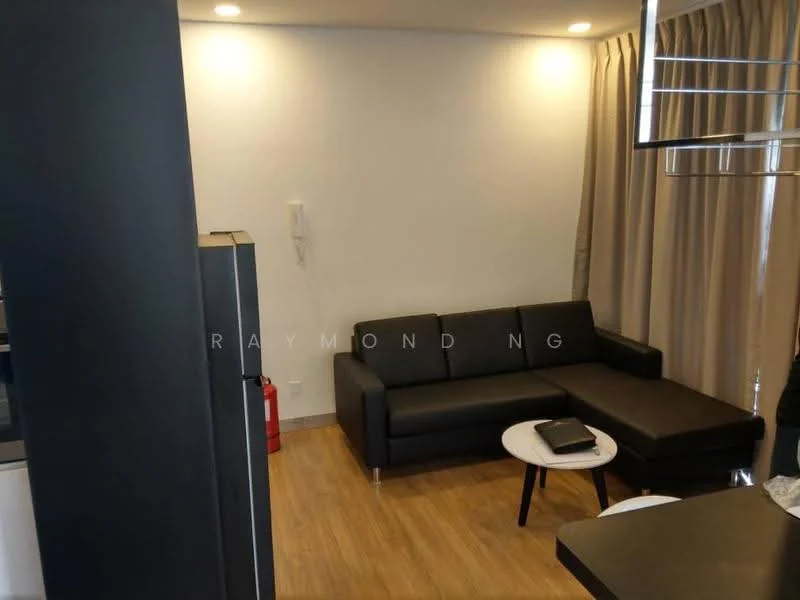 Living features: black leather sectional sofa, light wood flooring, white walls, recessed downlights, curtains, round white coffee table, fire extinguisher, wall-mounted phone, open layout, TV console space; style: modern.