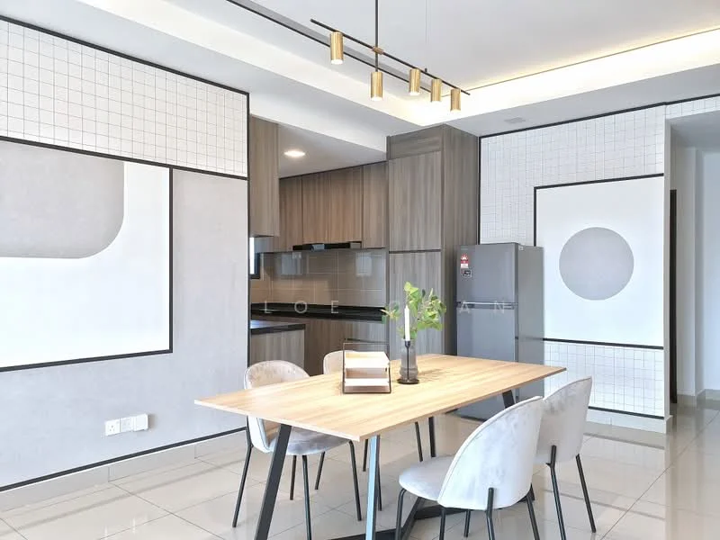 Kitchen features: black countertop, stainless-steel fridge, built-in oven, ceramic cooktop, wood cabinetry, grey tiled backsplash, white walls with geometric design, recessed lighting, dining table with four chairs, floor-to-ceiling cabinets, open shelving, tile flooring; style: modern.
