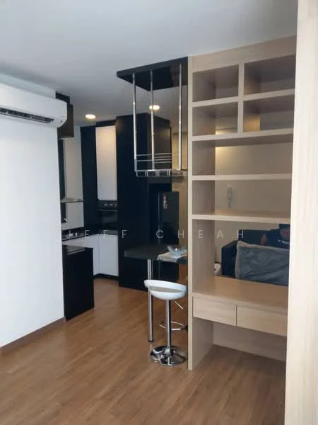 Living features: wooden flooring, white painted walls, black cabinetry, stainless-steel range hood, built-in microwave, kitchen island with seating, recessed downlights, wall-mounted split AC, open shelving, built-in desk area; style: modern.