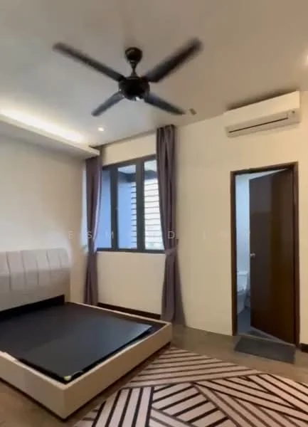 Bedroom features: ceiling fan, wall-mounted split AC, floor-to-ceiling window, grey curtains, white painted walls, wooden flooring, built-in bed frame, area rug with geometric pattern, door leading to bathroom, light ceiling with recessed lighting; style: modern.