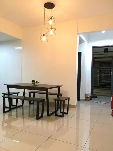 Dining features: rectangular wooden dining table, two wooden benches, three wooden stools, pendant lighting with multiple bulbs, white painted walls, glossy ceramic tile flooring, neutral color scheme, open layout; style: modern.