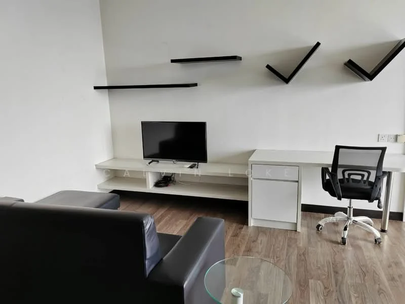 Living features: black leather sofa, glass coffee table, wall-mounted TV, white media console, white desk, black office chair, floating black shelves, wood laminate flooring, white painted walls; style: modern.