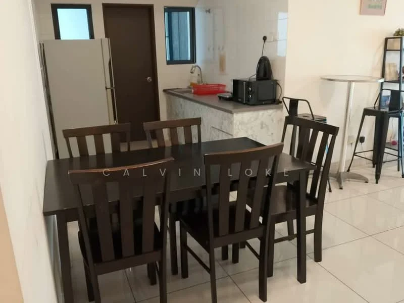 Dining features: black dining table, 6 dining chairs, white tiled flooring, kitchen island with marble countertop, stainless-steel fridge, black microwave, kitchen sink, window with black frame, door to hallway, bar table with stools; style: modern.
