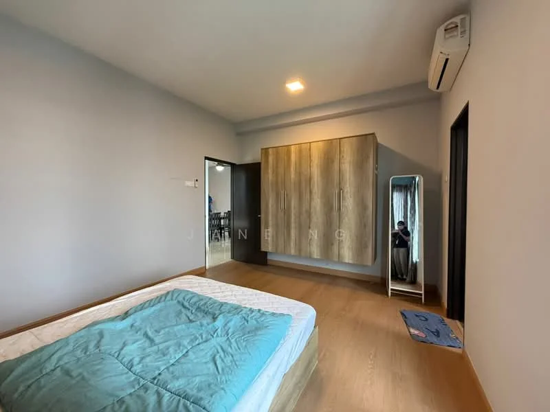 Bedroom features: queen-size bed with blue bedding, wooden flooring, light grey painted walls, built-in wardrobe with wood finish, full-length mirror, 1 wall-mounted split AC, recessed ceiling light, window with sheer curtains; style: modern.