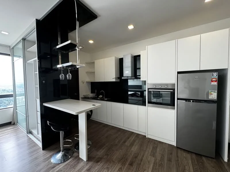Kitchen features: black and white cabinetry, stainless-steel fridge, built-in oven, glass cooktop, single-bowl stainless-steel sink, chrome pull-down faucet, white countertop, bar seating with stools, open shelving, pendant lighting, wood laminate flooring, floor-to-ceiling windows; style: modern; view: city.