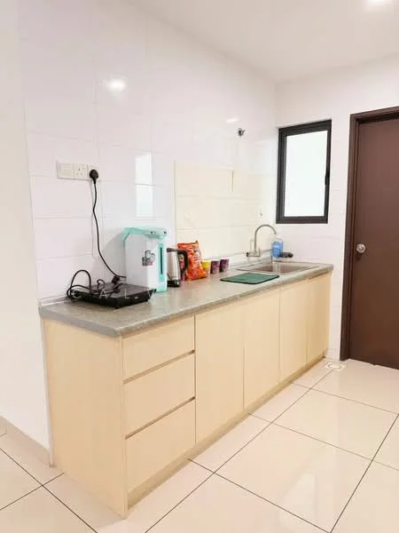 Kitchen features: light wood cabinetry, grey countertop, white tiled backsplash, single-bowl stainless-steel sink, chrome pull-down faucet, built-in gas stove, kettle, toaster, countertop with space for appliances, window above sink, tile flooring; style: modern.