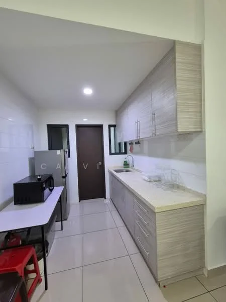 Kitchen features: light wood cabinetry, white countertop, stainless-steel sink, chrome faucet, built-in microwave, black countertop oven, white tiled walls, ceramic tile flooring, recessed LED downlights, window with black frame, door leading to hallway; style: modern.