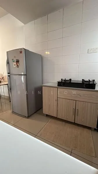 Kitchen features: stainless-steel fridge, wood cabinetry, black gas stove with two burners, white tiled backsplash, cream tiled flooring, countertop with storage, wall-mounted electrical outlets, refrigerator with magnets; style: modern.