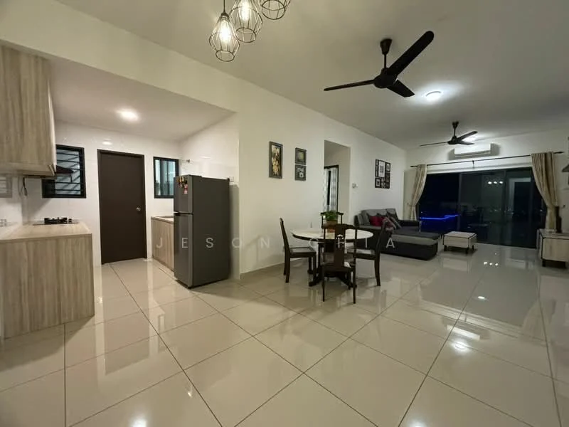 Kitchen features: light wood cabinetry, stainless-steel fridge, built-in oven, 4-burner gas hob, white tiled backsplash, grey countertop, single-bowl stainless-steel sink, chrome pull-down faucet; style: modern. Living features: 3-seater fabric sofa in grey, coffee table, TV console, wall-mounted TV, area rug, ceiling fan, recessed downlights, floor-to-ceiling windows; style: modern; view: city. Dining features: 4-seater dining table, wooden dining chairs, decorative wall art; style: modern.