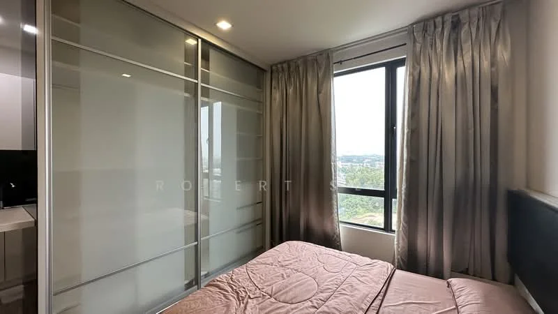 Bedroom features: queen-size bed, upholstered headboard, floor-to-ceiling windows, sheer curtains, built-in wardrobe with sliding doors, light-colored walls, recessed lighting, carpet flooring; style: modern; view: city.