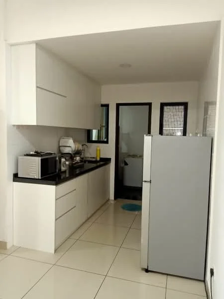 Kitchen features: white flat-panel cabinets, black granite countertop, stainless-steel fridge, built-in microwave, ceramic tile flooring, single-bowl stainless-steel sink, chrome pull-down faucet, wall-mounted cabinet, window with black frame, open shelving, kitchen appliances on countertop; style: modern.