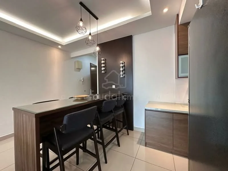 Kitchen features: island counter with seating for four, pendant lighting above counter, white quartz countertop, dark wood cabinetry, stainless-steel refrigerator, ceramic tile flooring, recessed ceiling lights, open layout, neutral wall color, built-in cabinetry, modern bar stools; style: modern.