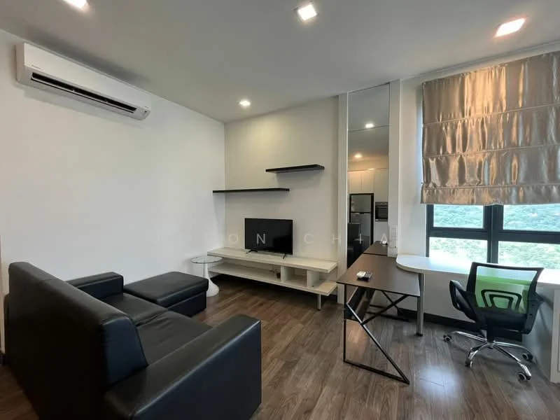 Living features: black leather sofa, wooden coffee table, TV console, wall-mounted TV, floor-to-ceiling window, roller blinds, wall-mounted split AC, laminate flooring, decorative mirror, study desk with chair, shelving unit; style: modern; view: city.