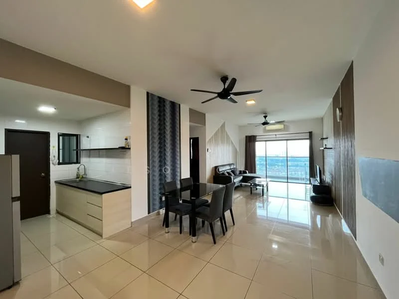 Kitchen features: black countertop, white cabinetry, stainless-steel sink, chrome pull-down faucet, built-in oven, freestanding range oven, refrigerator, tile backsplash; style: modern. Living features: 3-seater leather sofa, coffee table, wall-mounted TV, ceiling fan, large windows, tile flooring, decorative wall panel, dining table with 4 chairs; style: modern; view: city.