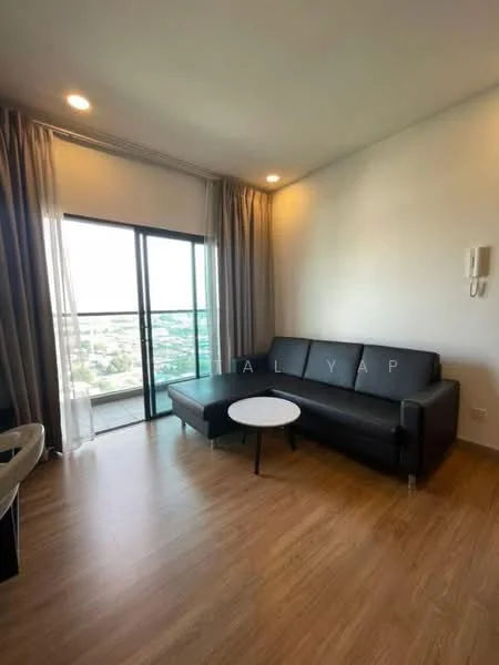 Living features: black leather sofa, round coffee table, floor-to-ceiling windows, sheer curtains, wooden flooring, recessed downlights, city view, wall-mounted intercom; style: modern; view: city.