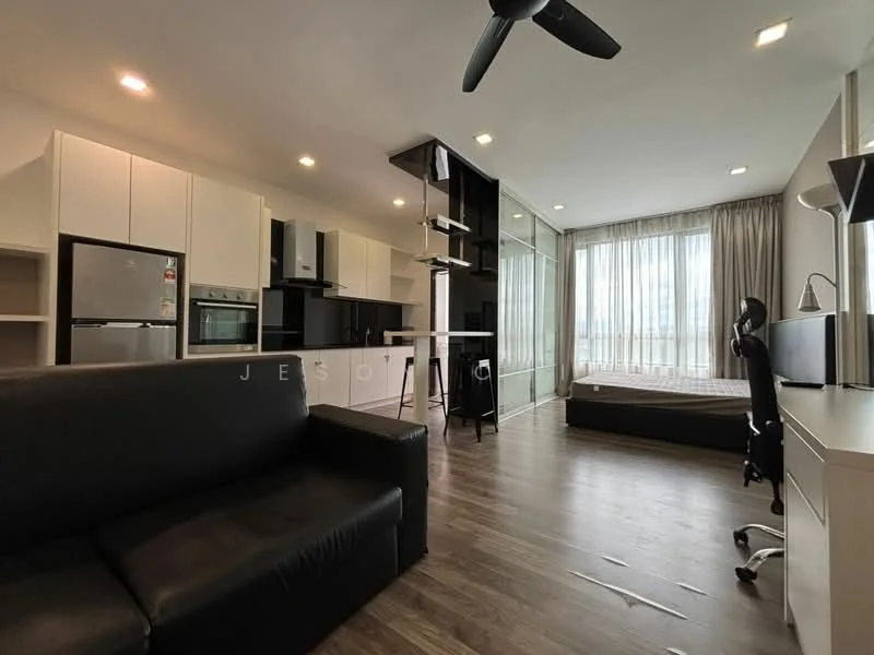 Living features: black leather sofa, wooden flooring, 5-blade ceiling fan, floor-to-ceiling windows, sheer curtains, white cabinetry, stainless-steel fridge, built-in oven, microwave, black desk, study lamp, queen-size bed, wall-mounted TV, open shelving; style: modern; view: city.