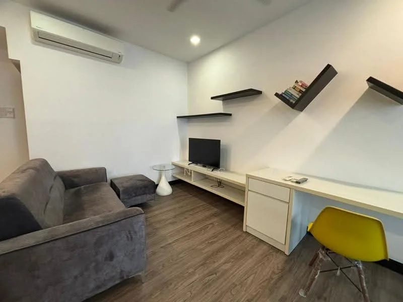 Living features: grey fabric sofa, white side table, wall-mounted TV, TV console with storage, floating shelves, study desk, yellow chair, wood laminate flooring, wall-mounted split AC, white painted walls; style: modern.