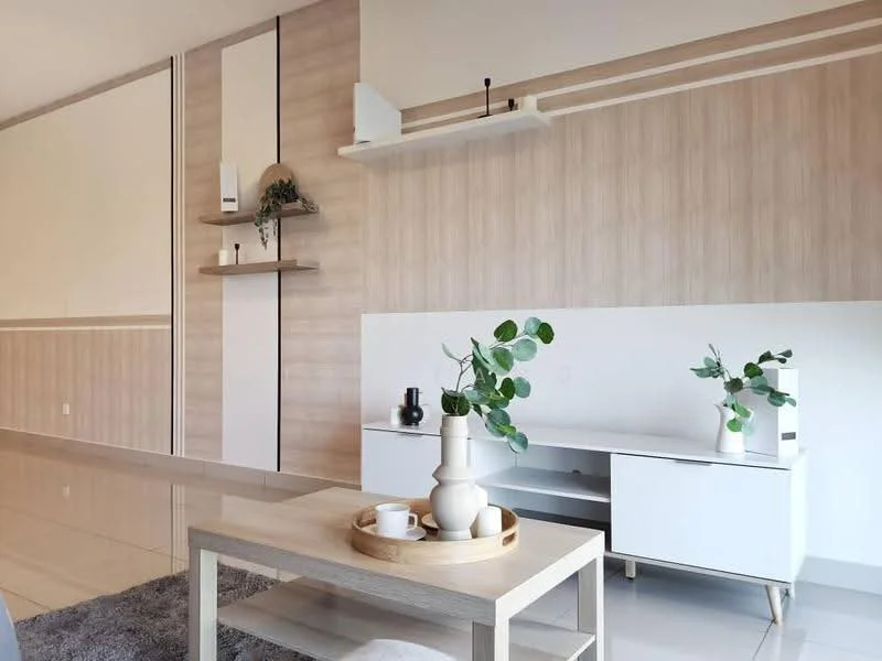 Living features: light wood accent wall, white painted walls, glossy tile flooring, modern coffee table, decorative vase on coffee table, shelf with decorative items, potted plants, minimalist TV console; style: modern.