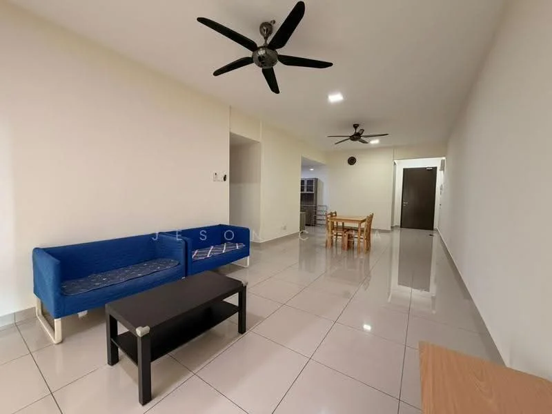 Living features: blue fabric sofa, black coffee table, dining table with four chairs, two ceiling fans, white painted walls, glossy tile flooring, recessed ceiling lights, doorway leading to hallway; style: modern.