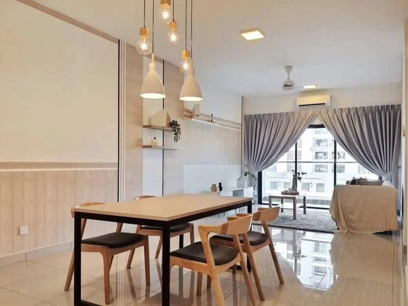 Dining features: 6-seater dining table, wooden dining chairs with black seats, pendant lighting with three bulbs, white walls with wood paneling, glossy tile flooring, floor-to-ceiling windows, curtains in light grey, ceiling fan, decorative wall shelf, area rug with geometric pattern; style: modern; view: city. Living features: sofa, coffee table, TV console, decorative plants; style: modern; view: city.