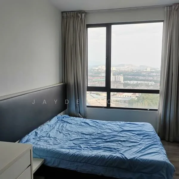Bedroom features: queen-size bed with blue bedding, floor-to-ceiling window, curtains, grey upholstered headboard, light wood bedside table, city skyline view; style: modern; view: city.