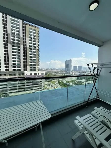 Balcony features: glass railing, city skyline view, white outdoor lounge chairs, white folding table, tiled flooring, clothes drying rack; style: modern; view: city.