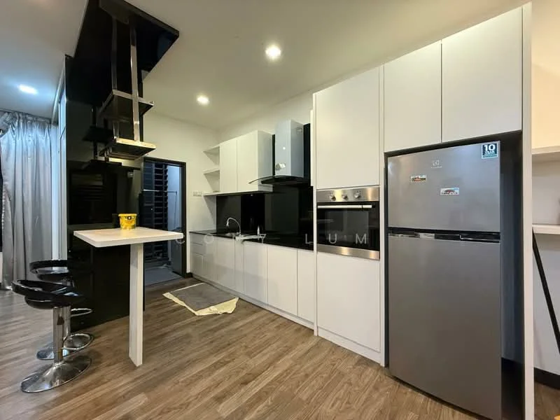 Kitchen features: white cabinetry with flat-panel doors, black countertop, stainless-steel built-in oven, stainless-steel range hood, stainless-steel fridge, single-bowl stainless-steel sink, chrome pull-down faucet, bar stools, wood laminate flooring, recessed LED downlights, black backsplash, open shelving, kitchen island with seating; style: modern.