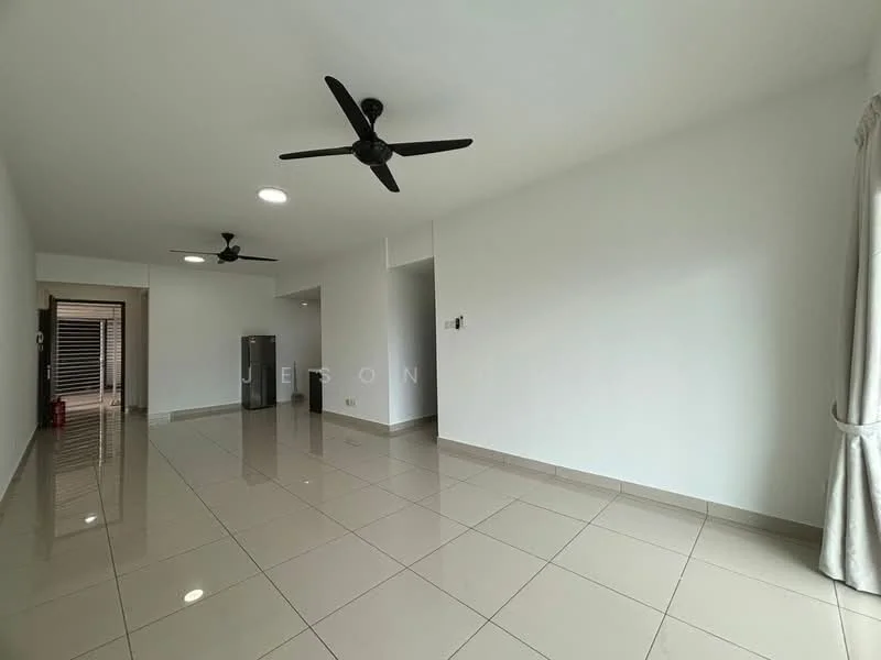 Living features: white painted walls, glossy ceramic tile flooring, 2 ceiling fans, recessed downlights, floor-to-ceiling windows, curtains, open layout, space for furniture arrangement; style: modern.