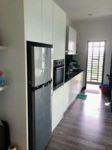 Kitchen features: stainless-steel fridge, built-in oven, black countertop, white cabinetry, open shelving, wood laminate flooring, window with grid design, sink, kitchen utensils on countertop; style: modern.