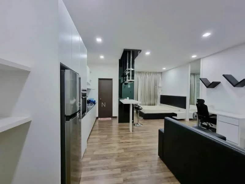 Kitchen features: white cabinetry, stainless-steel fridge, built-in oven, 4-burner gas hob, black countertop, open shelving, pendant lighting, tile backsplash; style: modern. Living features: black leather sofa, white desk, office chair, wooden flooring, wall-mounted TV, floor-to-ceiling windows with sheer curtains, recessed downlights; style: modern.