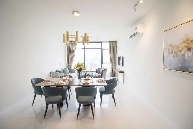 Dining features: 6-seater dining table, wooden dining table with natural finish, upholstered dining chairs in blue, chandelier with multiple light fixtures, floor-to-ceiling windows, curtains in light fabric, wall-mounted TV, air conditioning unit, decorative artwork on wall, light-colored walls, glossy tile flooring; style: modern; view: city.