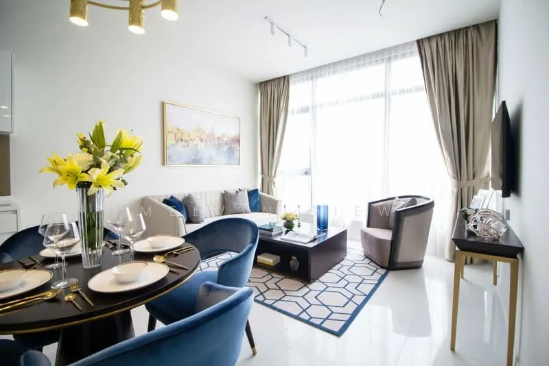 Living features: floor-to-ceiling windows, sheer curtains, light grey walls, white ceiling, recessed downlights, chandelier, 3-seater fabric sofa in light grey, accent chairs in dark brown, coffee table with glass top, area rug with geometric pattern, decorative wall art, dining table for four with black surface, blue upholstered dining chairs, vase with yellow flowers, TV mounted on wall; style: modern; view: city.