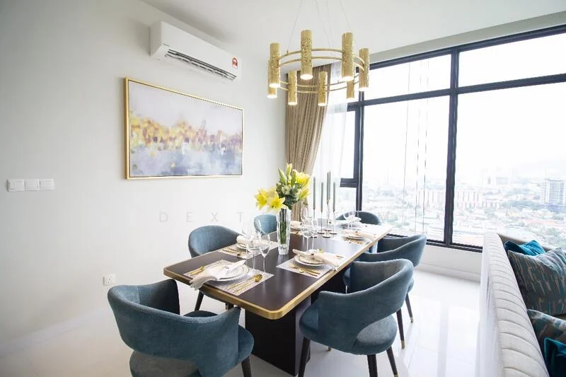 Dining features: 6-seater dining table, upholstered dining chairs in teal, chandelier with gold accents, floor-to-ceiling windows, city view, white walls, recessed downlights, air conditioning unit on wall, decorative artwork on wall, table setting with plates and cutlery; style: modern; view: city.