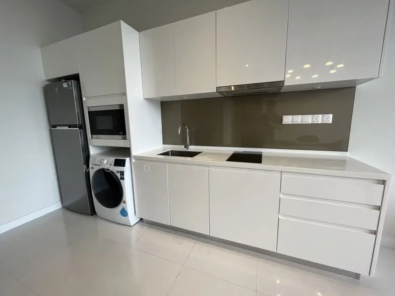 Kitchen features: white glossy cabinetry, stainless-steel fridge, built-in microwave, stainless-steel range hood, black glass cooktop, single-bowl stainless-steel sink, chrome pull-down faucet, white countertop, white tiled backsplash, washing machine, recessed downlights, ceramic tile flooring; style: modern.