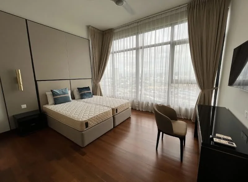 Bedroom features: two single beds with mattresses, wooden flooring, floor-to-ceiling windows, sheer curtains, wall-mounted TV, black console table, upholstered chair, decorative wall paneling, ceiling fan; style: modern; view: city.