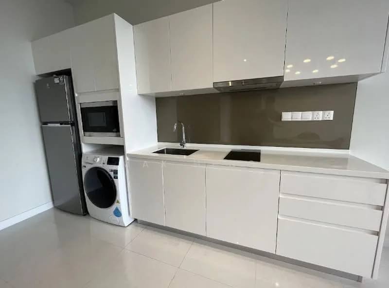Kitchen features: white high-gloss cabinetry, stainless-steel fridge, built-in microwave, built-in oven, stainless-steel range hood, ceramic cooktop, single-bowl stainless-steel sink, chrome pull-down faucet, white countertop, washer-dryer combo, tile flooring, grey backsplash; style: modern.