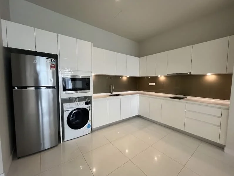 Kitchen features: white flat-panel cabinets, stainless-steel fridge, built-in microwave, white countertop, glass backsplash, stainless-steel sink, chrome pull-down faucet, built-in induction hob, under-cabinet lighting, front-load washing machine, ceramic tile flooring, recessed downlights; style: modern.