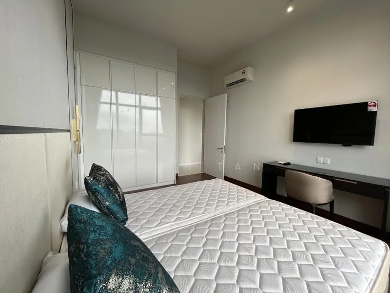 Bedroom features: queen-size bed, upholstered headboard, two bedside tables, wall-mounted TV, built-in wardrobe with sliding doors, desk with chair, 1 wall-mounted split AC, wood flooring, neutral painted walls, recessed downlights; style: modern.