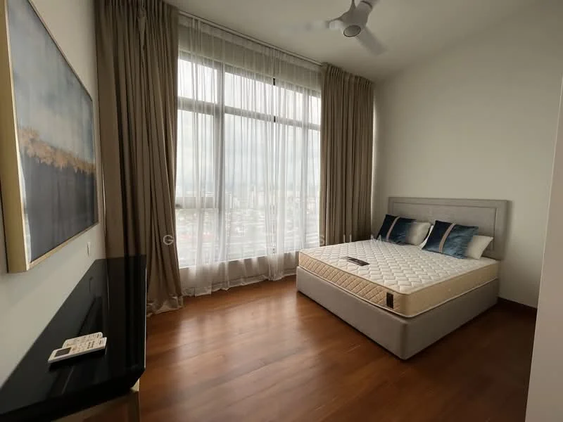 Bedroom features: queen-size bed with mattress, upholstered headboard, floor-to-ceiling windows, sheer curtains, wooden flooring, ceiling fan, decorative wall art, nightstand with remote control; style: modern; view: city.