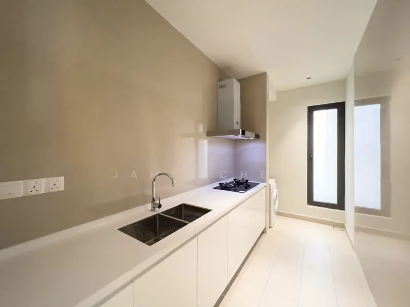 Kitchen features: double-bowl stainless-steel sink, chrome pull-down faucet, white cabinetry, white countertop, built-in gas hob, stainless-steel range hood, white tiled backsplash, light-colored wall, window for natural light, tile flooring; style: modern.