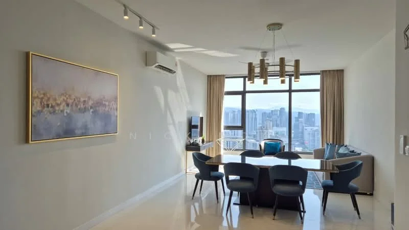Dining features: dining table with 6 chairs, floor-to-ceiling windows, city skyline view, chandelier with multiple bulbs, light grey painted walls, polished tile flooring, air conditioning unit, framed artwork on wall, curtains, TV console, blue accent chairs; style: modern; view: city.