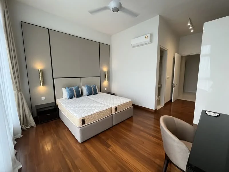 Bedroom features: king-size bed, upholstered headboard, two bedside tables, wall-mounted lamps, wooden flooring, ceiling fan, wall-mounted split AC, large windows with sheer curtains, study desk, chair, neutral wall color, built-in wardrobe, doorway leading to hallway; style: modern.