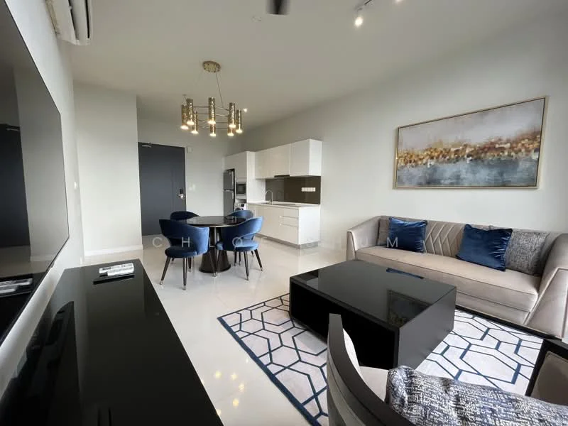 Living features: 3-seater fabric sofa in beige, 2 accent chairs in blue, black coffee table, TV console, wall-mounted TV, area rug with geometric pattern, recessed downlights, floor-to-ceiling windows, white painted walls, marble tile flooring, decorative artwork on wall, dining area with 4-seater dining table; style: modern. Kitchen features: white cabinetry, stainless-steel fridge, built-in oven, freestanding range oven, microwave, quartz countertop, kitchen island, pendant lighting, open shelving; style: modern.