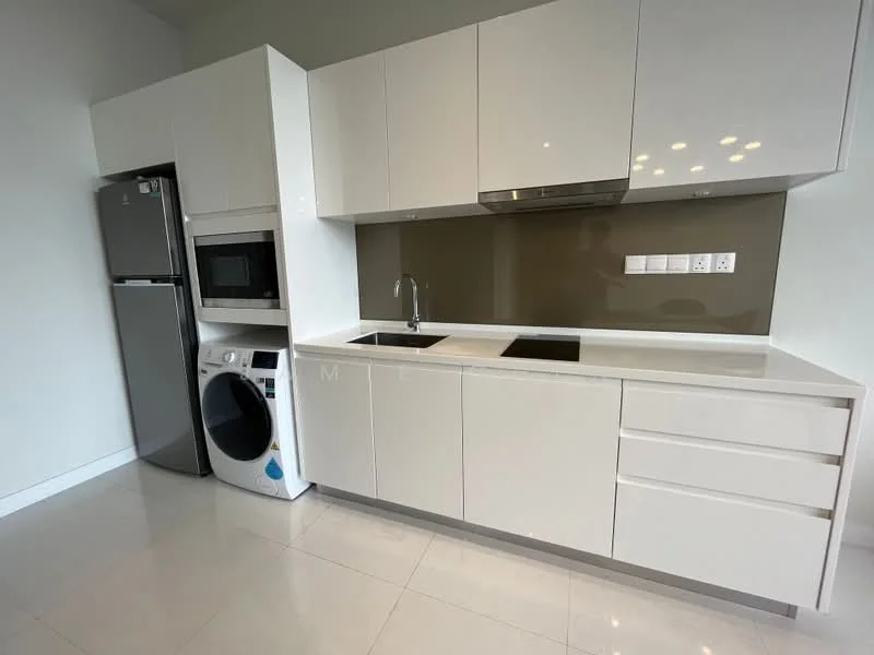 Kitchen features: white high-gloss cabinetry, stainless-steel fridge, built-in microwave, stainless-steel range hood, single-bowl stainless-steel sink, chrome pull-down faucet, black countertop, ceramic tile flooring, washing machine, recessed downlights, wall-mounted electrical outlets, neutral wall color; style: modern.