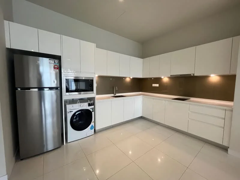 Kitchen features: white flat-panel cabinets, stainless-steel fridge, built-in microwave, front-load washing machine, white countertop, glass backsplash, undermount sink, chrome pull-down faucet, recessed LED downlights, ceramic tile flooring; style: modern.